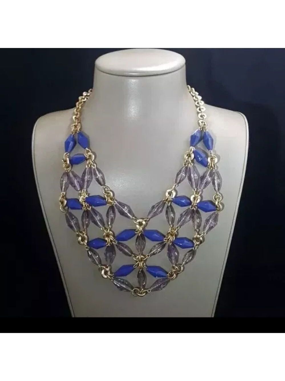 Talbots Women's Statement Bib Necklace Gold Plated, Blue Lavender Resin NWT - Picture 2 of 3